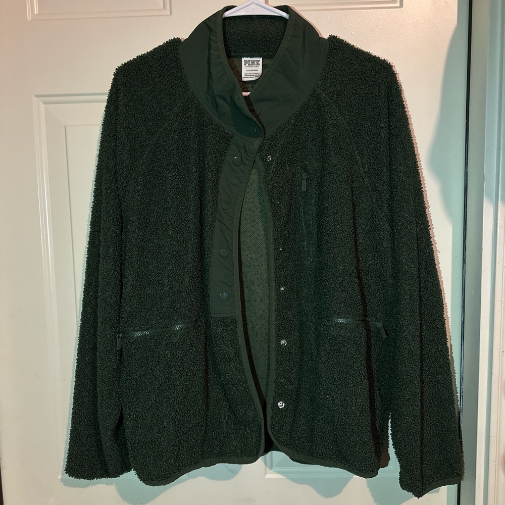 Dark green Victoria Secret Pink lightweight Sherpa sweater.